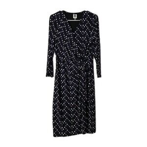 Anne Klein Dress Womens Size Medium Black Tan, Polka Dots Long Sleeve Wrap Front